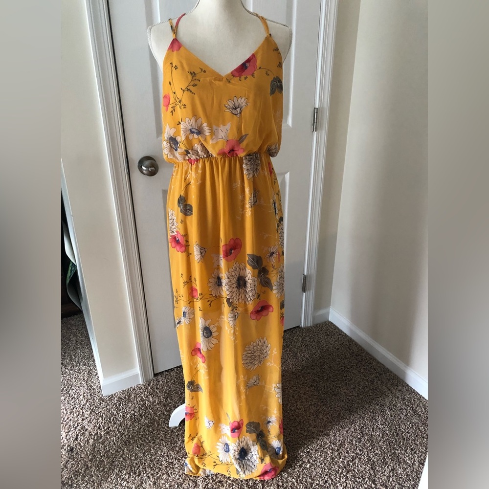 Yellow Floral Maxi Dress with Adjustable Straps